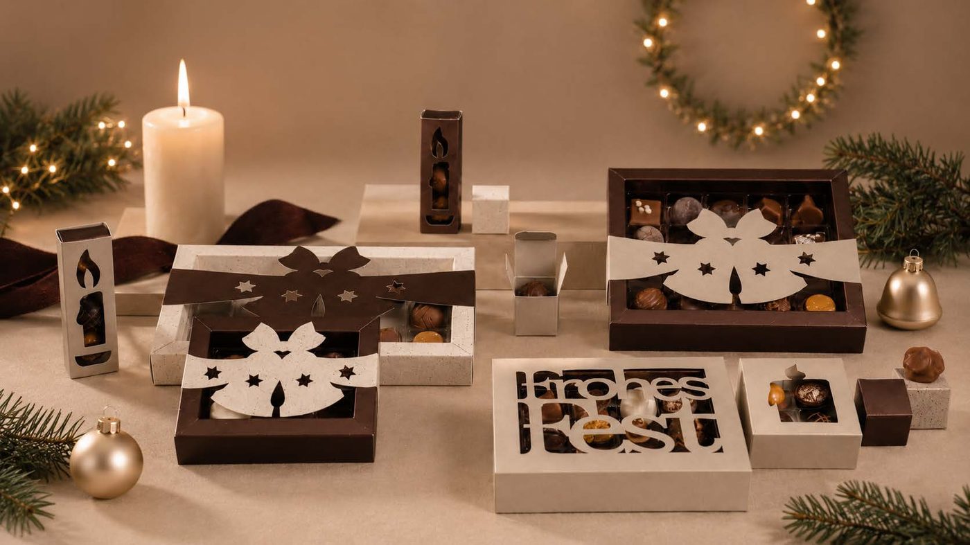 Kollektion Glocken – Boxen in Schokoladenbraun und Crème mit Glocken- und Kerzenmotiven