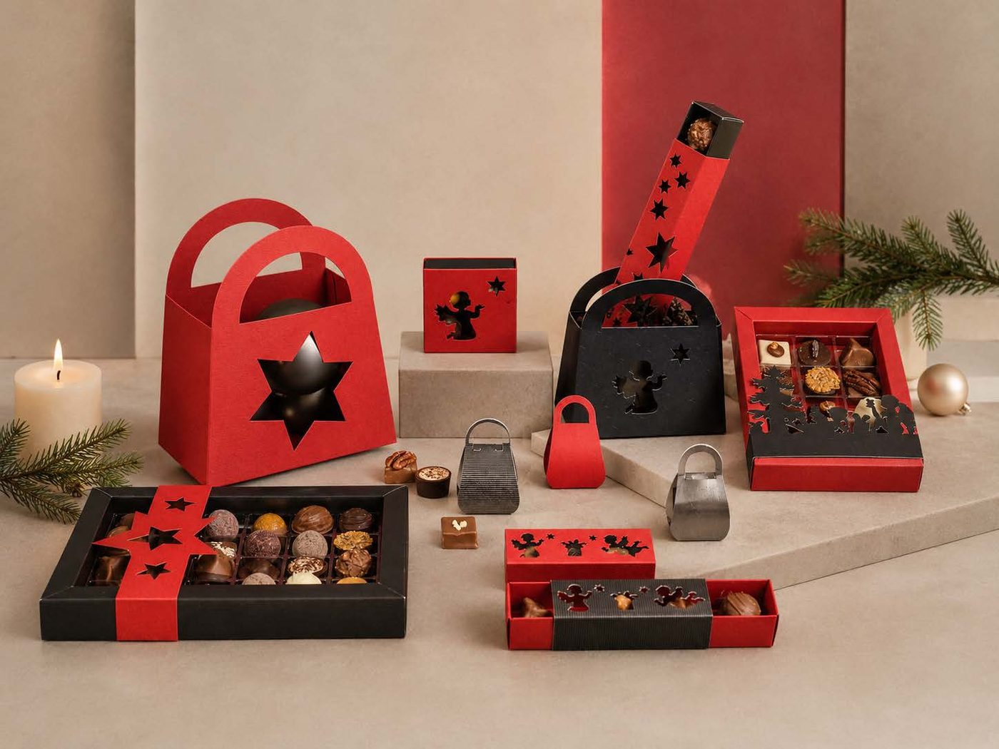 Kollektion Sternchen-Engel – rote und schwarze Boxen und Täschchen mit Stern- und Engelmotiven